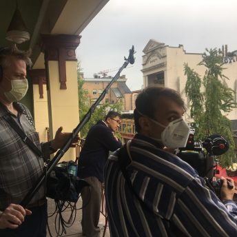 Cinematograoher Josh Frank and Sound Recordist Tod Van Dyk filming Jeffrey Wong on the balcony of the Wong's Benevolent Association in Vancouver's Chinatown.