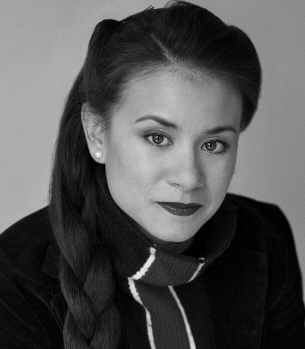 A photo of Filmmaker Karen Cho. Black and white portrait.