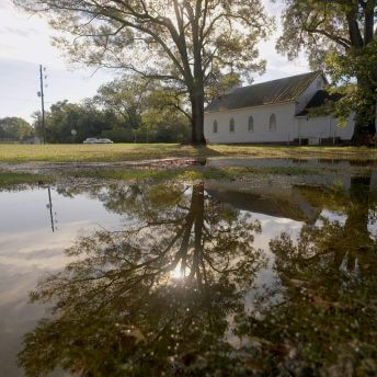 A large tree is shown reflected in a large puddle with a white church in the background.