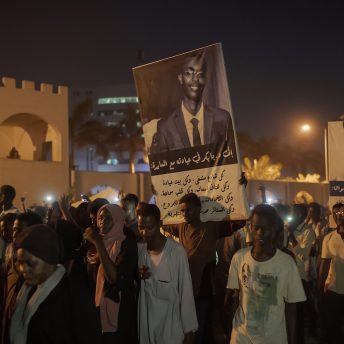 Sudanese civilians march carrying posters in memory of martyred protesters.