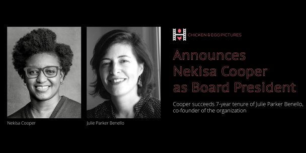 Banner with Nekisa Cooper and Julie Parker Benello that says Announcing Nekisa Cooper as Board President. Cooper succeeds 7-year tenure of Julie Parker Benello, co-founder of the organization