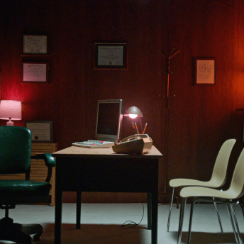 An empty film set resembles an old-fashioned doctor's office